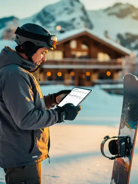 Snowboard instructeur controleert boekingskalender op tablet in besneeuwde bergen bij zonsondergang
