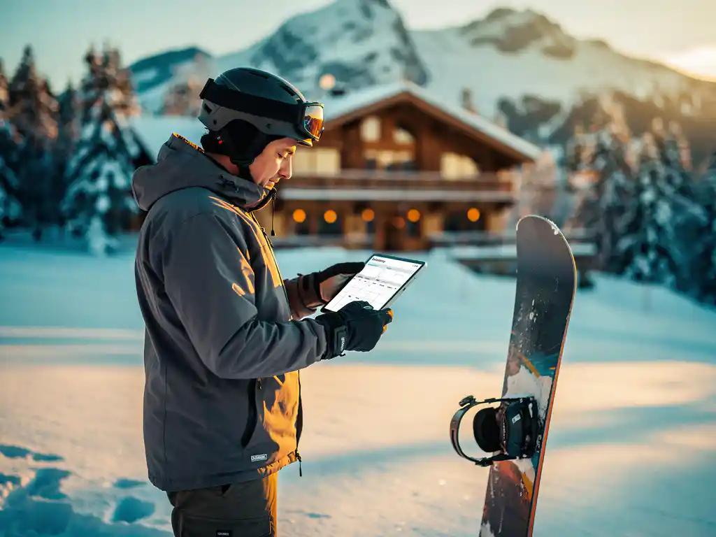 Snowboard instructeur controleert boekingskalender op tablet in besneeuwde bergen bij zonsondergang