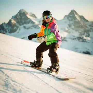 Snowboard instructeur toont juiste houding en techniek op besneeuwde piste met bergachtergrond