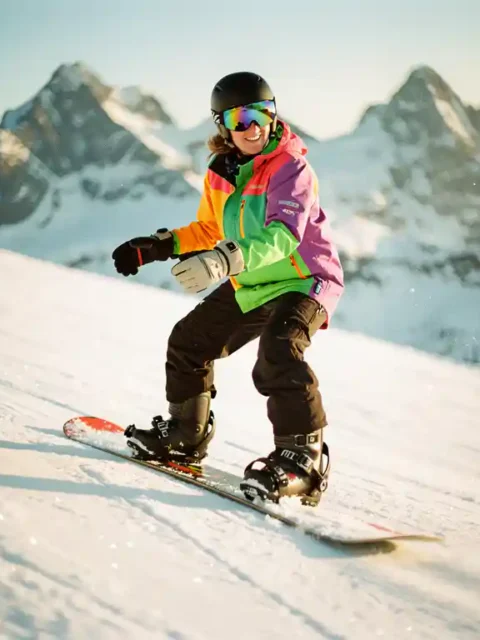 Snowboard instructeur toont juiste houding en techniek op besneeuwde piste met bergachtergrond