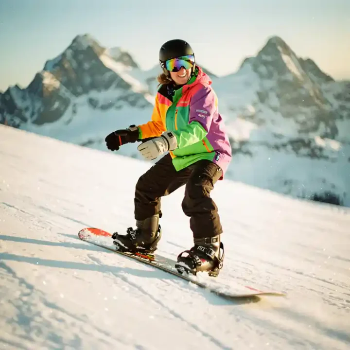 Snowboard instructeur toont juiste houding en techniek op besneeuwde piste met bergachtergrond