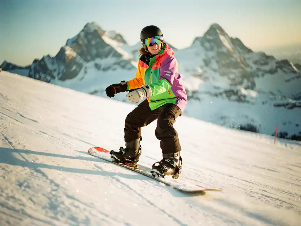 Snowboard instructeur toont juiste houding en techniek op besneeuwde piste met bergachtergrond