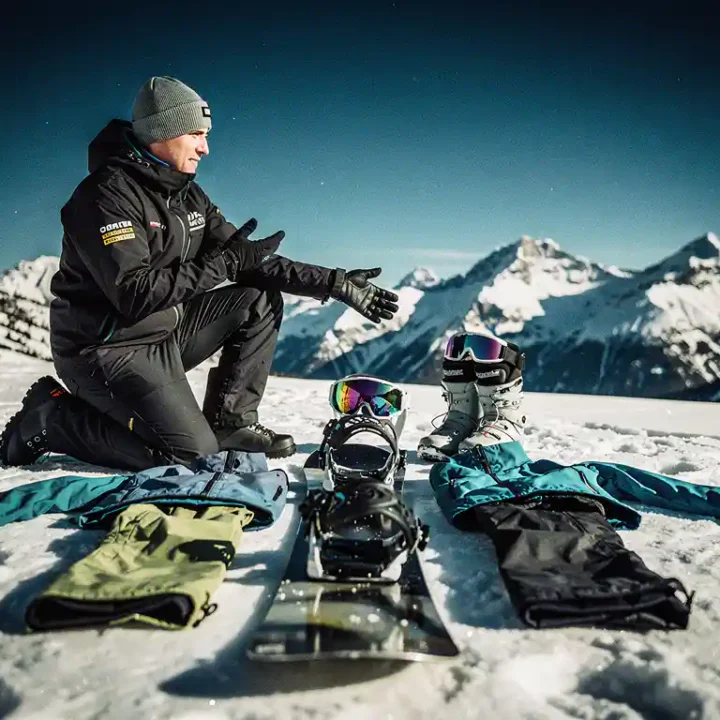 Professionele snowboard instructeur knielt naast complete snowboard uitrusting op verse poedersneeuw met bergen op achtergrond