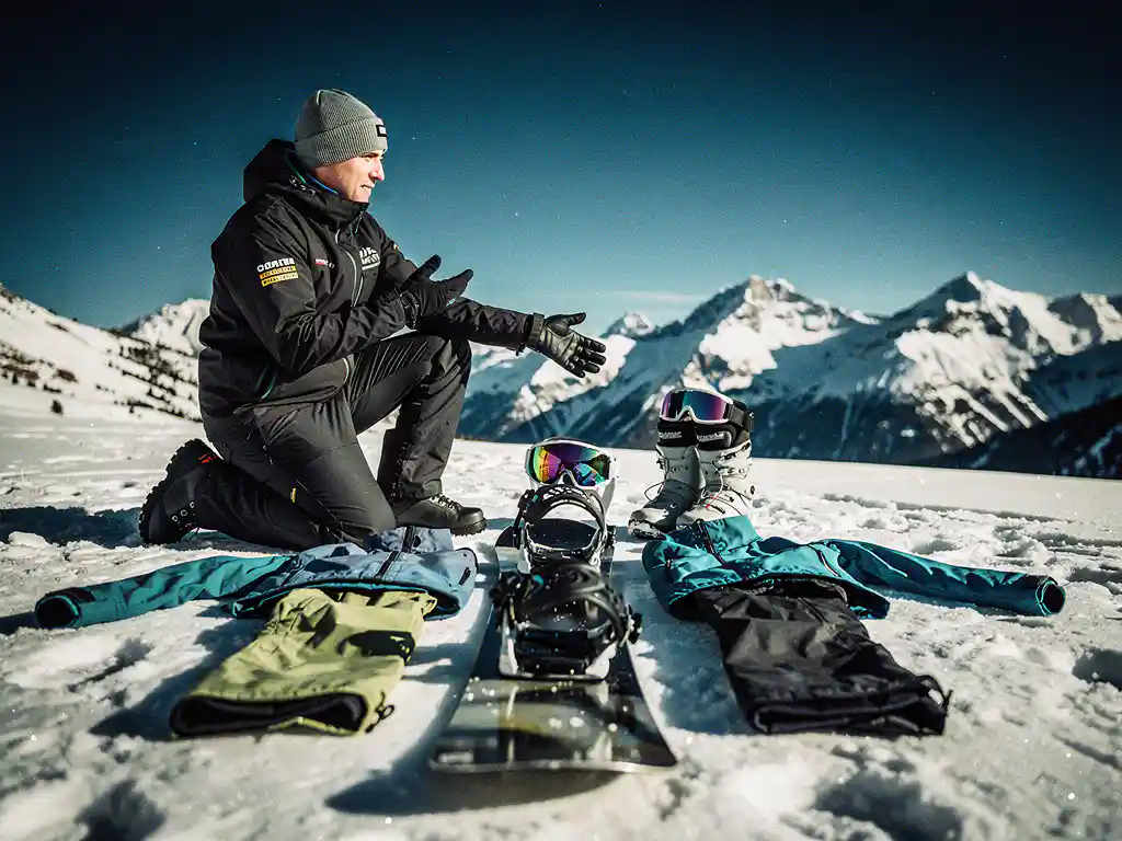 Professionele snowboard instructeur knielt naast complete snowboard uitrusting op verse poedersneeuw met bergen op achtergrond