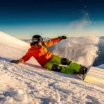 Snowboard-instructeur demonstreert valltechniek op bergpiste, draagt helm en beschermende uitrusting bij zonsondergang