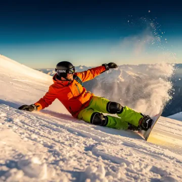 Snowboard-instructeur demonstreert valltechniek op bergpiste, draagt helm en beschermende uitrusting bij zonsondergang