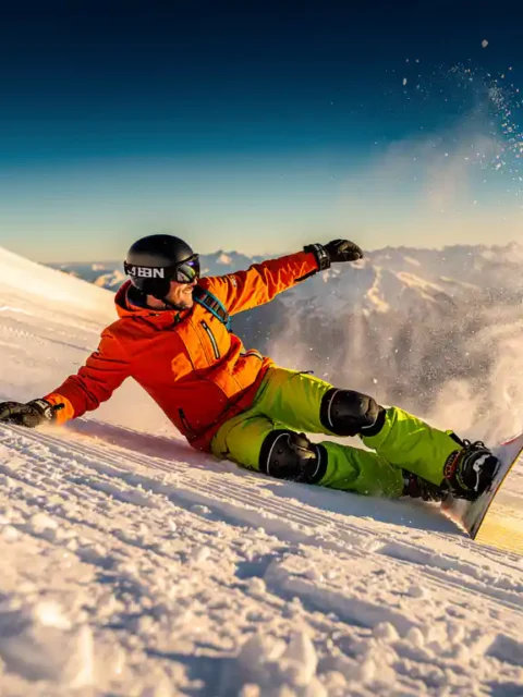 Snowboard-instructeur demonstreert valltechniek op bergpiste, draagt helm en beschermende uitrusting bij zonsondergang