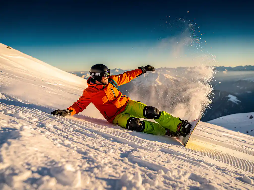 Snowboard-instructeur demonstreert valltechniek op bergpiste, draagt helm en beschermende uitrusting bij zonsondergang