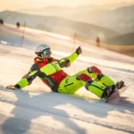 Snowboard instructor demonstrating safe falling technique on mountain slope, wearing bright safety gear and helmet.