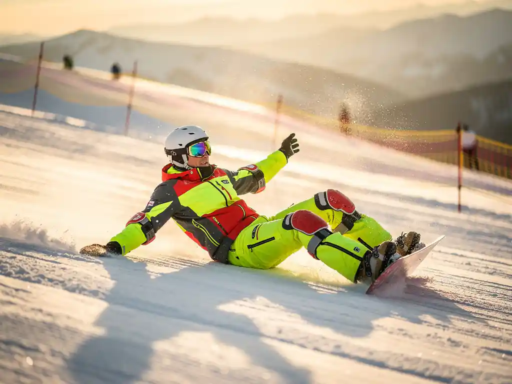 Snowboard instructor demonstrating safe falling technique on mountain slope, wearing bright safety gear and helmet.