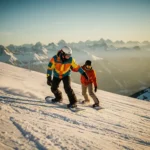 Snowboard instructor teaching student proper technique on snowy mountain slope with peaks in background during golden hour.