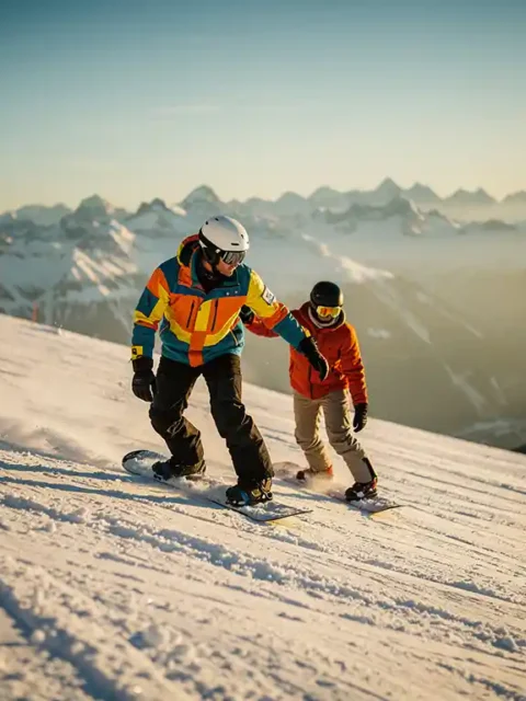 Snowboard instructor teaching student proper technique on snowy mountain slope with peaks in background during golden hour.