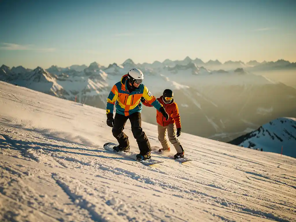 Snowboard instructor teaching student proper technique on snowy mountain slope with peaks in background during golden hour.