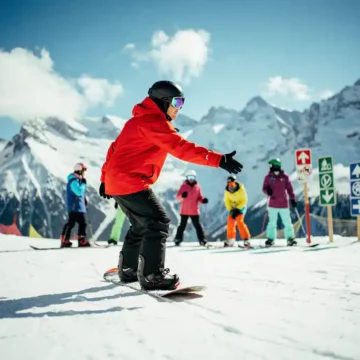 Snowboard instructor in red jacket teaching proper stance to students on snowy mountain slope with blue sky backdrop.