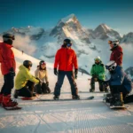Snowboard instructor in red jacket teaching proper stance to students on mountain slope with snow-capped peaks in background.
