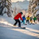 Professional snowboard instructor in red jacket demonstrating carved turn technique to students on snowy mountain slope