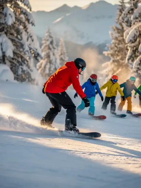Professional snowboard instructor in red jacket demonstrating carved turn technique to students on snowy mountain slope
