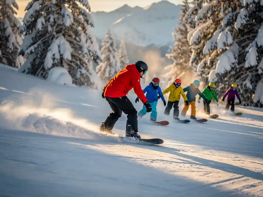 Professional snowboard instructor in red jacket demonstrating carved turn technique to students on snowy mountain slope