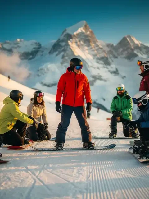 Snowboard instructor in red jacket teaching proper stance to students on mountain slope with snow-capped peaks in background.