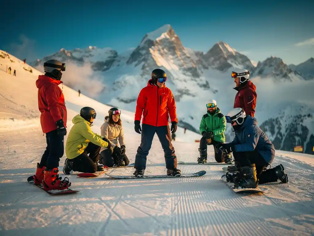 Snowboard instructor in red jacket teaching proper stance to students on mountain slope with snow-capped peaks in background.