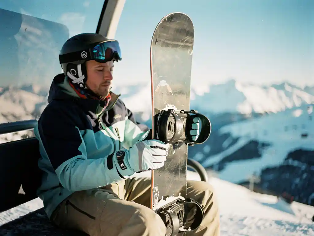 Snowboard-Lehrer demonstriert korrekte Tragetechnik im Skilift mit vertikal gehaltenen Board vor Bergpanorama