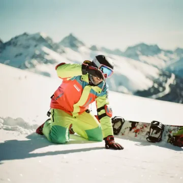 Snowboard-Instruktor demonstriert Sturztechnik auf Bergpiste, trägt Helm und Sicherheitsausrüstung, Alpen im Hintergrund