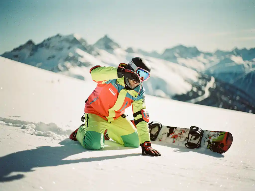Snowboard-Instruktor demonstriert Sturztechnik auf Bergpiste, trägt Helm und Sicherheitsausrüstung, Alpen im Hintergrund