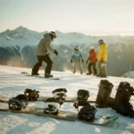 Snowboard-Lehrer zeigt Technik einer Schülergruppe auf verschneiter Bergpiste bei goldenem Sonnenlicht