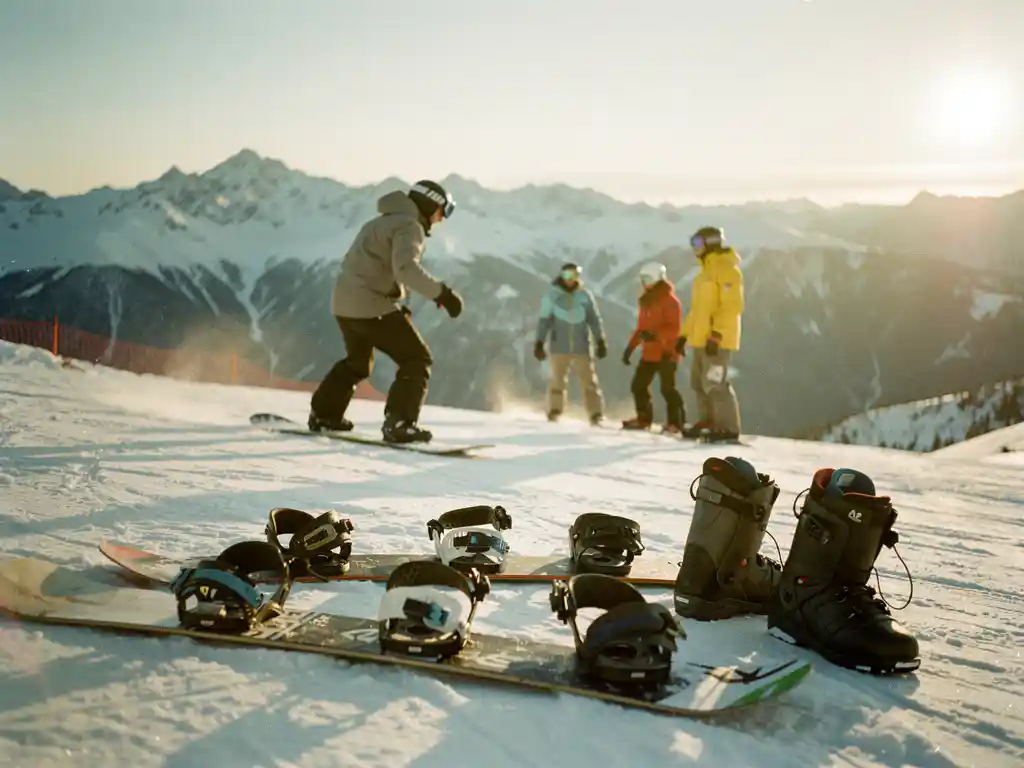 Snowboard-Lehrer zeigt Technik einer Schülergruppe auf verschneiter Bergpiste bei goldenem Sonnenlicht