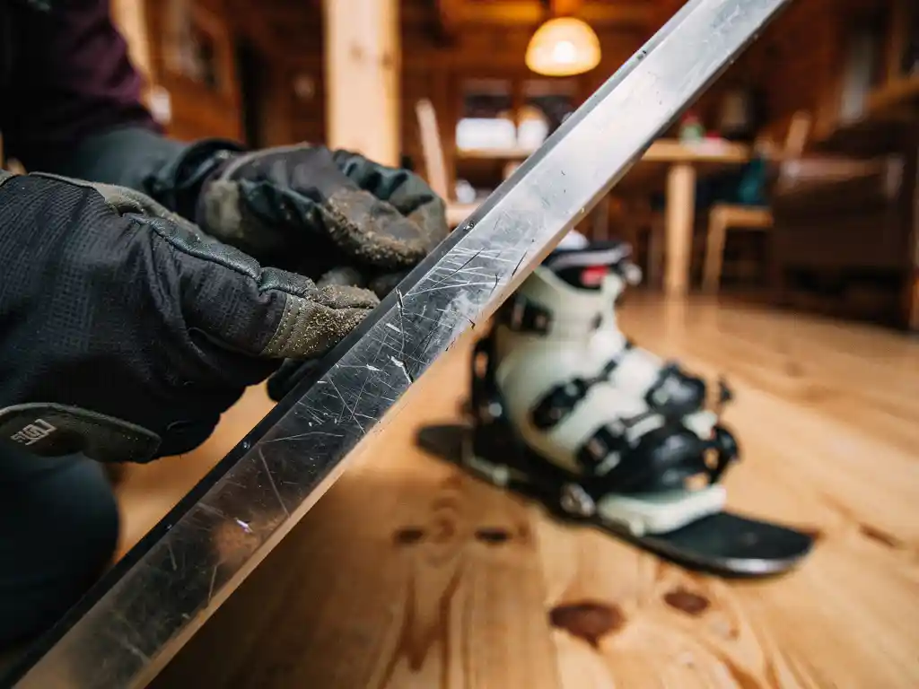 Snowboard-Metallkante wird von behandschuhten Händen in gemütlicher Skihütte inspiziert, Boots und Bindung im Hintergrund