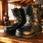 Professionele snowboardschoenen op houten toonbank in alpine lodge, warme verlichting toont vetersysteem en padding