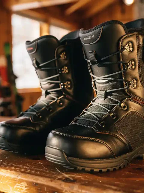 Professionele snowboardschoenen op houten toonbank in alpine lodge, warme verlichting toont vetersysteem en padding