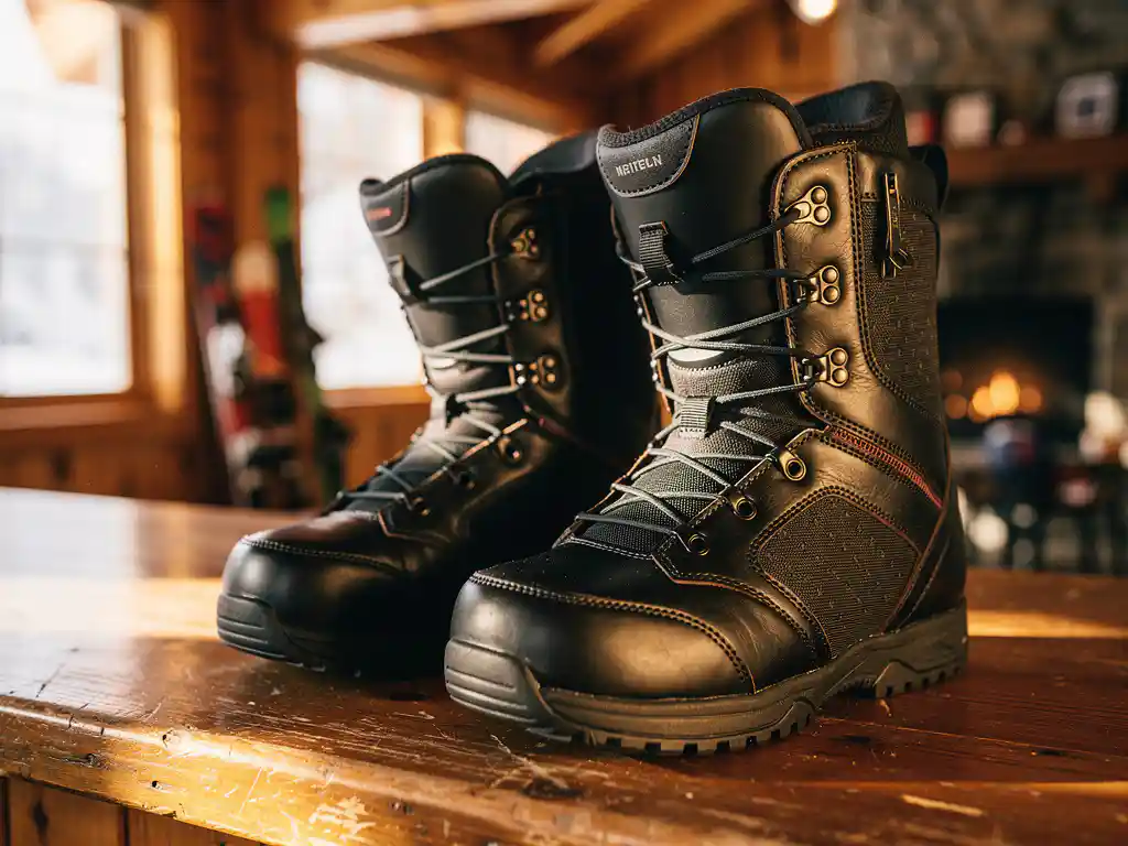 Professionele snowboardschoenen op houten toonbank in alpine lodge, warme verlichting toont vetersysteem en padding