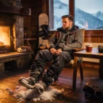 Erschöpfter Snowboard-Lehrer entfernt Stiefel in gemütlicher Berghütte, dampfender Tee und Kaminfeuer im Hintergrund