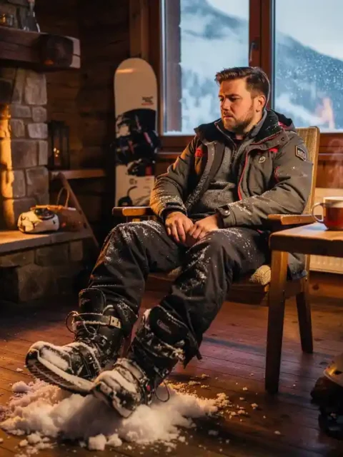 Erschöpfter Snowboard-Lehrer entfernt Stiefel in gemütlicher Berghütte, dampfender Tee und Kaminfeuer im Hintergrund