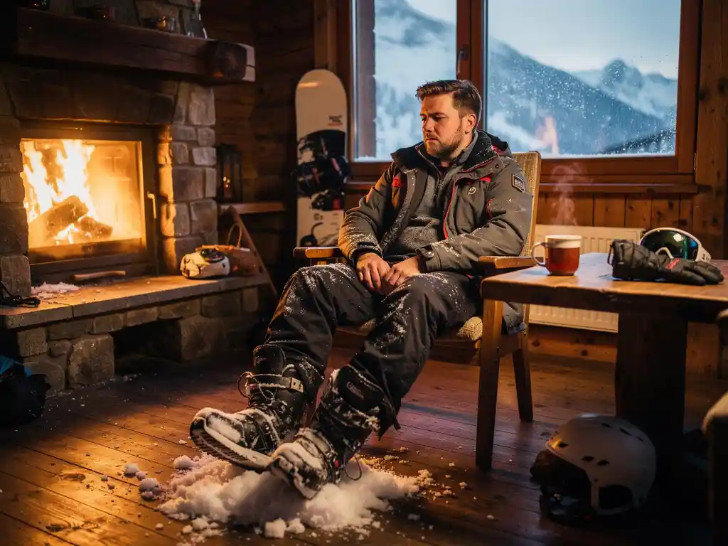 Erschöpfter Snowboard-Lehrer entfernt Stiefel in gemütlicher Berghütte, dampfender Tee und Kaminfeuer im Hintergrund