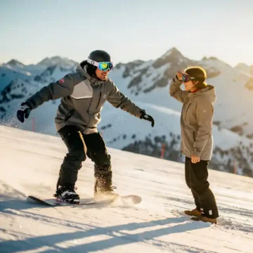 Snowboard-Lehrer mit Schutzbrille zeigt Technik, Schüler ohne Augenschutz blinzelt im Sonnenlicht auf verschneiter Piste