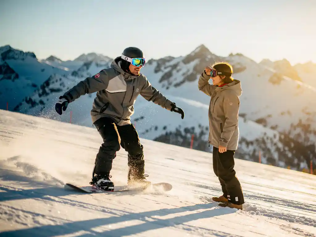 Snowboard-Lehrer mit Schutzbrille zeigt Technik, Schüler ohne Augenschutz blinzelt im Sonnenlicht auf verschneiter Piste