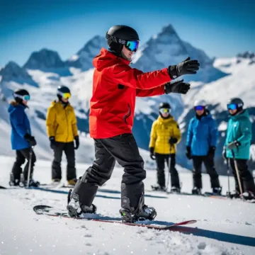 Snowboard-Lehrer in roter Jacke unterrichtet Schülergruppe auf sonnigem Berghang mit Alpenpanorama