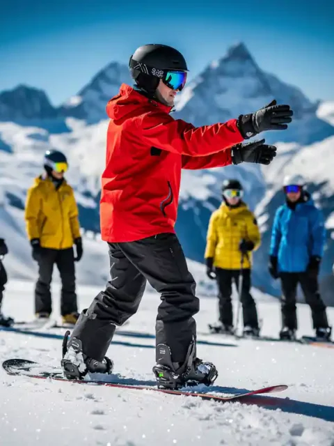 Snowboard-Lehrer in roter Jacke unterrichtet Schülergruppe auf sonnigem Berghang mit Alpenpanorama