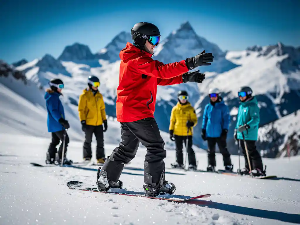 Snowboard-Lehrer in roter Jacke unterrichtet Schülergruppe auf sonnigem Berghang mit Alpenpanorama