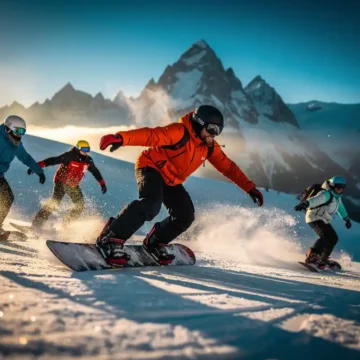 Snowboard-Instruktor zeigt Schülern Carving-Technik auf verschneiter Bergpiste bei Sonnenschein