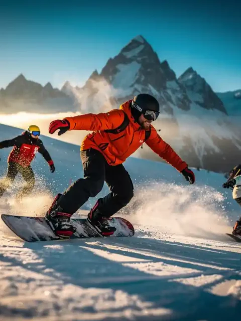 Snowboard-Instruktor zeigt Schülern Carving-Technik auf verschneiter Bergpiste bei Sonnenschein
