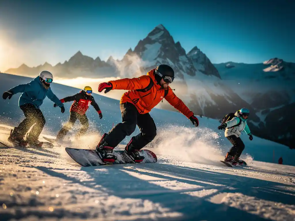 Snowboard-Instruktor zeigt Schülern Carving-Technik auf verschneiter Bergpiste bei Sonnenschein
