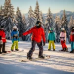 Snowboard-Lehrer in roter Jacke zeigt Schülern die richtige Haltung auf verschneiter Piste mit Bergkulisse