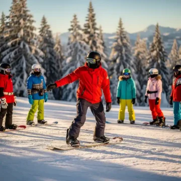 Snowboard-Lehrer in roter Jacke zeigt Schülern die richtige Haltung auf verschneiter Piste mit Bergkulisse