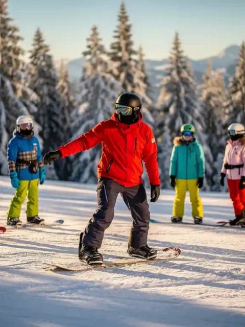 Snowboard-Lehrer in roter Jacke zeigt Schülern die richtige Haltung auf verschneiter Piste mit Bergkulisse