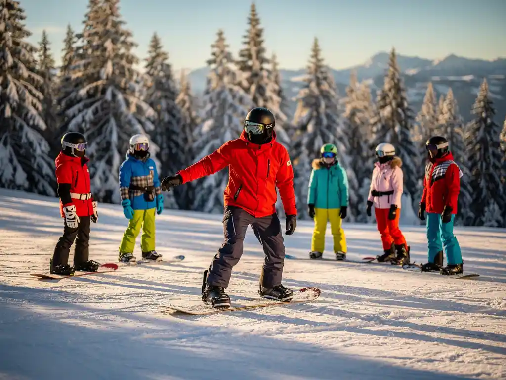 Snowboard-Lehrer in roter Jacke zeigt Schülern die richtige Haltung auf verschneiter Piste mit Bergkulisse