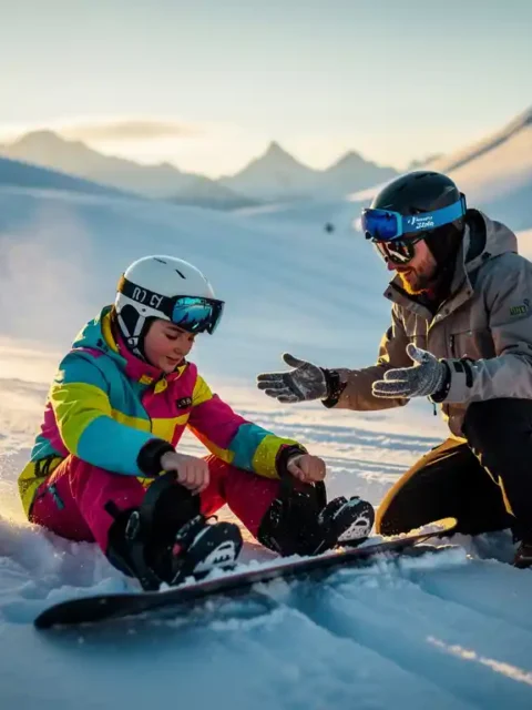 Beginnende snowboarder past bindingen aan met hulp van instructeur op besneeuwde alpenhelling tijdens gouden uurtje