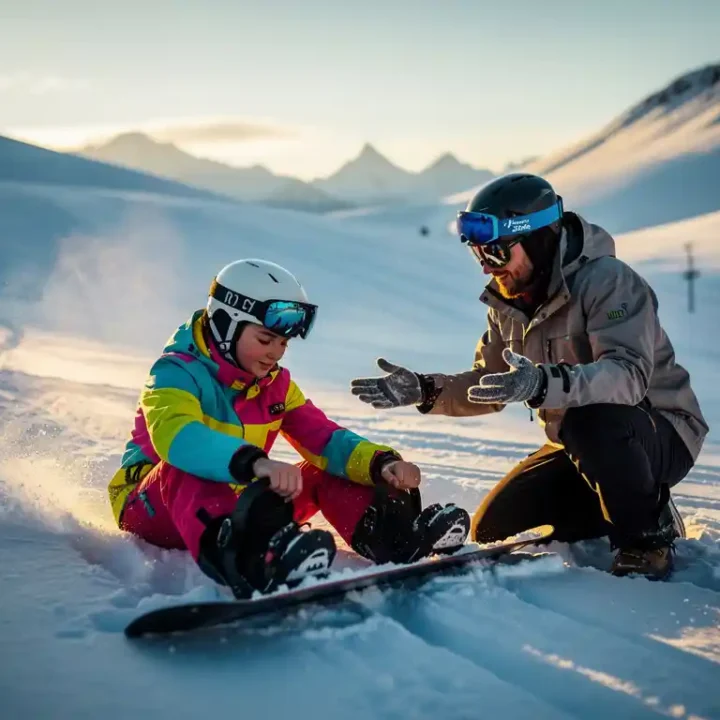 Beginnende snowboarder past bindingen aan met hulp van instructeur op besneeuwde alpenhelling tijdens gouden uurtje